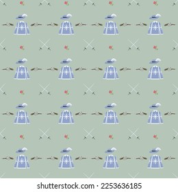 seamless pattern on the theme of musketeers with swords, flintlock pistols, musketeer cape, hat with feather and rose on a gray background