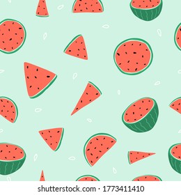 Seamless pattern on the theme of National Watermelon Day on August 3. Decorated with watermelon slices.