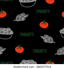 Seamless pattern on the theme of National Spaghetti Day on January 4. Decorated with a Lettering and spaghetti, tomatoes.