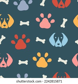 Seamless pattern on the theme of National Puppy Day day on March 23. Decorated with a handwritten inscription and stylized dog foot and bones treat illustration.