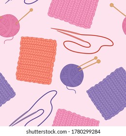 Seamless pattern on the theme of needlework. Knitting on needles. Vector illustration of balls, knitting needles, knitting patterns, English elastic band, etc. Cartoon style, flat design.