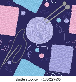 Seamless pattern on the theme of needlework. Knitting on needles. Vector illustration of balls, knitting needles, knitting patterns, English elastic band, etc. Cartoon style, flat design.