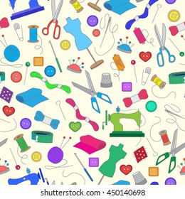 Seamless pattern on the theme of needlework and sewing , simple color icons on light background