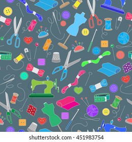 Seamless pattern on the theme of needlework and sewing , simple color icons on grey background