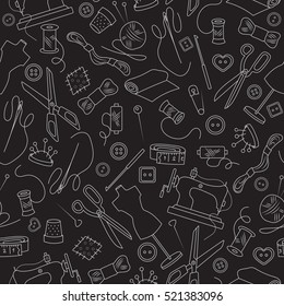 Seamless pattern on the theme of needlework and sewing , simple outline icons on a dark background