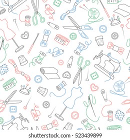 Seamless pattern on the theme of needlework and sewing , simple outline icons ,colored markers on white background