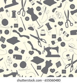 Seamless pattern on the theme of needlework and sewing , grey silhouettes of icons on a light background 