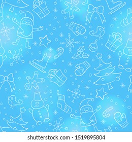 Seamless pattern on the theme of New year and Christmas, simple hand-drawn white contour icons on a blue background