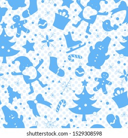 Seamless pattern on the theme of New year and Christmas, simple blue silhouettes icons on a blue background polka dot