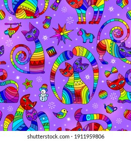 Seamless pattern on the theme of new year and Christmas with bright cats and toys on a purple background