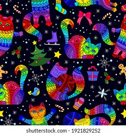 Seamless pattern on the theme of new year and Christmas with bright cats and toys on a dark background