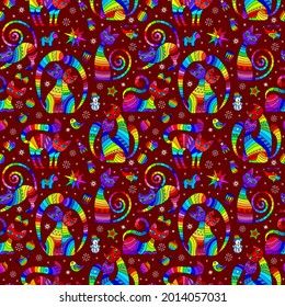 Seamless pattern on the theme of new year and Christmas with bright cats and toys on a red background