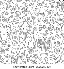 Seamless pattern on the theme of the new year and Christmas,dark outline cartoon animals and toys on a white background