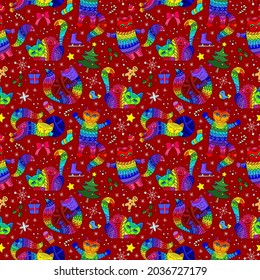 Seamless pattern on the theme of new year and Christmas with bright cats and toys on a red background
