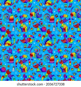 Seamless pattern on the theme of new year and Christmas with bright cats and toys on a blue background