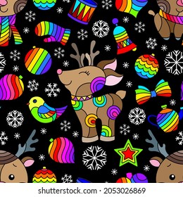 Patrón sin foco sobre el tema de Año Nuevo y Navidad, juguetes brillantes de árboles de Navidad, ciervos y copos de nieve sobre un fondo negro