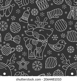 Seamless pattern on the theme of New year and Christmas,light contour Christmas tree toys, deers and snowflakes on a dark background