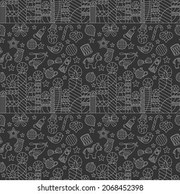 Seamless pattern on the theme of New year and Christmas,light outline candles and Christmas tree toys on a dark background