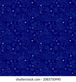 Seamless pattern on the theme of new year and Christmas with contour cats and toys on a blue background