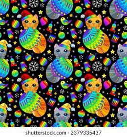 Seamless pattern on the theme of New Year and Christmas with cute kittens, snowflakes and toys on a dark background