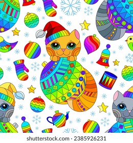 Seamless pattern on the theme of New Year and Christmas with cute kittens, snowflakes and toys on a white background