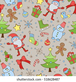 Seamless pattern on the theme of New year and Christmas, simple hand-drawn icons painted on a brown background
