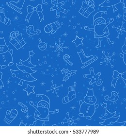 Seamless pattern on the theme of New year and Christmas, simple hand-drawn contour icons on a blue background