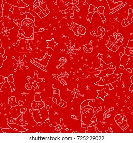 Seamless pattern on the theme of New year and Christmas, simple hand-drawn contour white icons on a red background