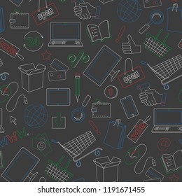 Seamless pattern on the theme of online shopping and Internet shops, simple contour icons are drawn with colored chalks on the dark school Board