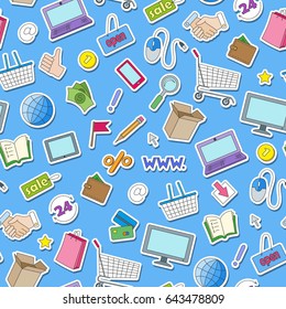 Seamless pattern on the theme of online shopping and Internet shops, colorful stickers icons on blue background