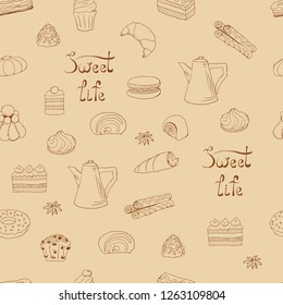 Seamless pattern on the theme of "pastry". The original inscription "sweet life."
