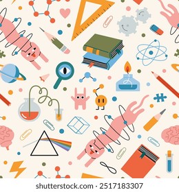 Seamless pattern on theme of physics and chemistry with cute characters. Science research, Education and study concepts. Trendy modern vector illustration on light background, hand drawn, flat