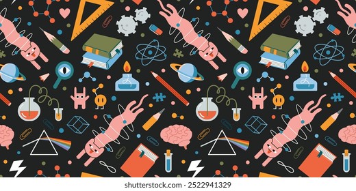 Seamless pattern on theme of physics and chemistry with cute characters. Science research, Education and study concepts. Trendy modern vector illustration on black background, hand drawn, flat