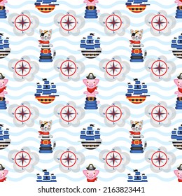 Seamless pattern on the theme of pirates on a striped background. Children's vector pattern. Children's holiday, kids' party, games, baby shower.