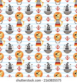 Seamless pattern on the theme of pirates on a striped background. Children's vector pattern. Children's holiday, kids' party, games, baby shower.