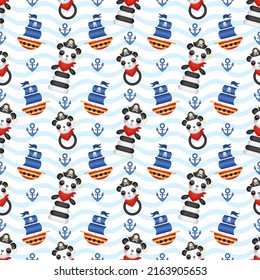 Seamless pattern on the theme of pirates on a striped background. Children's vector pattern. Children's holiday, kids' party, games, baby shower.