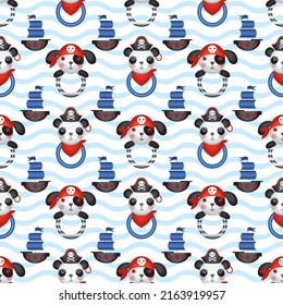 Seamless pattern on the theme of pirates on a striped background. Children's vector pattern. Children's holiday, kids' party, games, baby shower.