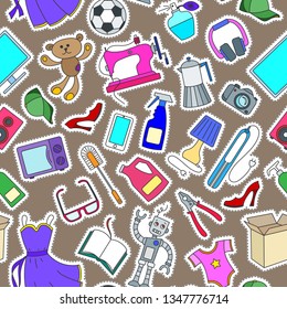 Seamless pattern on a theme of products and shopping, simple purchase icons, color patch  icons on brown background