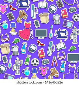 Seamless pattern on a theme of products and shopping, simple sticker icons, color patch  icons on purple background