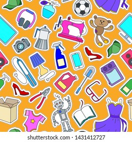 Seamless pattern on a theme of products and shopping, simple purchase icons, color patch  icons on orange background