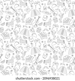 Seamless pattern on the theme of recreation in the country of Mexico, contour icons on white background