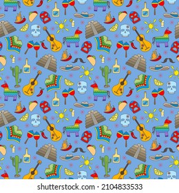 Seamless pattern on the theme of recreation in the country of Mexico, colorful icons on blue background