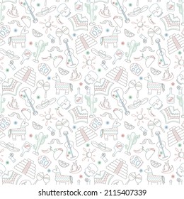 Seamless pattern on the theme of recreation in the country of Mexico, contour icons are drawn with colored markers on white background