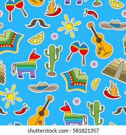 Seamless pattern on the theme of recreation in the country of Mexico, colorful patches icons on blue background