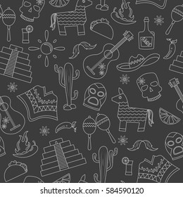Seamless pattern on the theme of recreation in the country of Mexico, contour icons on a dark background