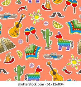 Seamless pattern on the theme of recreation in the country of Mexico, colorful patches icons on a orange  background