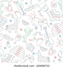 Seamless pattern on the theme of recreation in the country of Mexico, contour icons are drawn with colored markers on white background