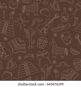 Seamless pattern on the theme of recreation in the country of Mexico, contour icons on a brown background