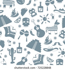 Seamless pattern on the theme of recreation in the country of Mexico, a grey silhouettes of icons on white background 