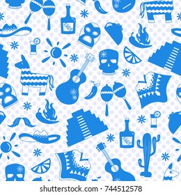 Seamless pattern on the theme of recreation in the country of Mexico, a blue silhouettes of icons on the background of polka dots
